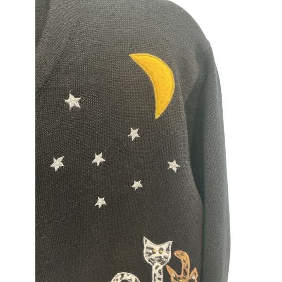 Vintage Terazzo Women Embroidered Sweater Cardigan Halloween Cat Lady Moon Witch - Picture 6 of 10